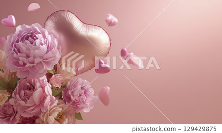 Elegant romantic bouquet of lush pink peonies arranged with shiny heart shaped balloon against soft gradient pink background, conveying affection and gentle celebration 129429875