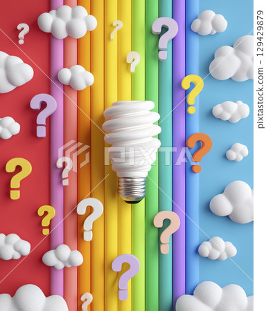 White light bulb sits among colorful question marks against vibrant rainbow background with fluffy clouds. Symbolizing curiosity and search for creative solutions and bright ideas 129429879