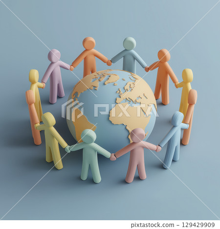 Colorful human figures holding hands around globe symbolize unity, diversity, and global cooperation, emphasizing importance of community and connection across world 129429909
