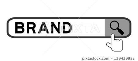 Search banner in word brand with hand over magnifier icon on white background Search banner in word brand with hand over magnifier icon on white background 129429982