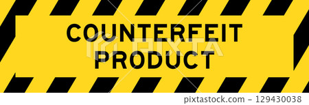 Yellow and black color with line striped label banner with word counterfeit product 129430038