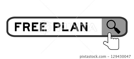 Search banner in word free plan with hand over magnifier icon on white background Search banner in word free plan with hand over magnifier icon on white background 129430047