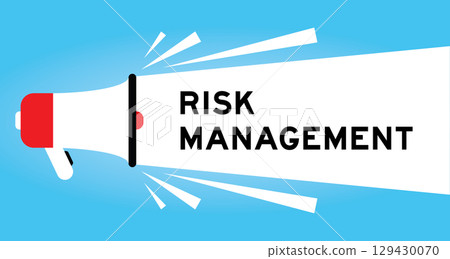 Color megaphone icon with word risk management in white banner on blue background Color megaphone icon with word risk management in white banner on blue background 129430070