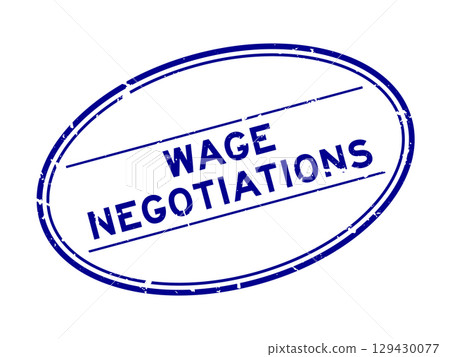 Grunge blue wage negotiations word oval rubber seal stamp on white background 129430077