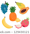 Set of ripe juicy fruits. Papaya, pitaya, banana, pineapple, grapes. Vector illustration is isolated on a white background. 129430121