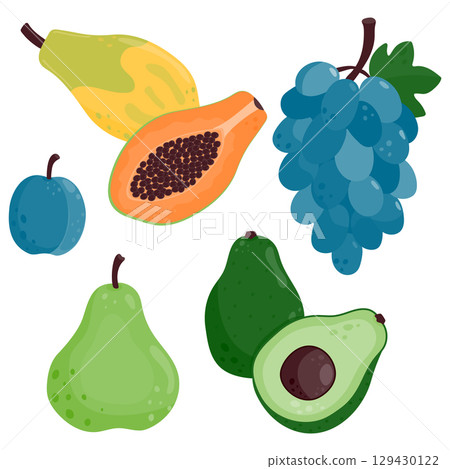 Set of ripe juicy fruits. Papaya, plum, avocado, pear, grape. Vector illustration is isolated on a white background. 129430122