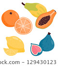 Set of ripe juicy fruits. Papaya, fig, orange, lemon. Vector illustration is isolated on a white background. 129430123