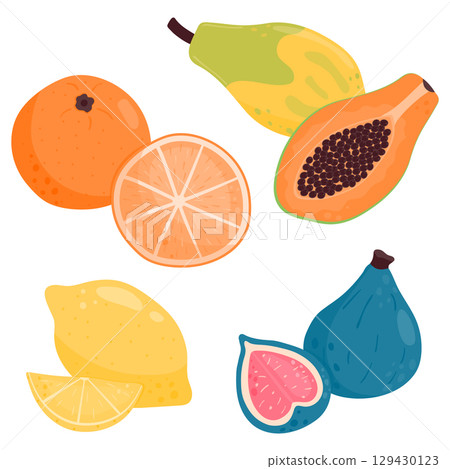 Set of ripe juicy fruits. Papaya, fig, orange, lemon. Vector illustration is isolated on a white background. Set of ripe juicy fruits. Papaya, fig, orange, lemon. Vector illustration is isolated on a white background. 129430123