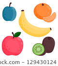 Set of ripe juicy fruits. Kiwi, banana, tangerine, apple, plum. Vector illustration is isolated on a white background. 129430124