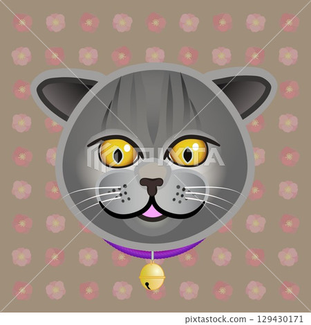 脖子上掛著鈴鐺的貓臉插圖 129430171