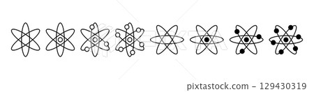 Atom icons set. Molecule or atom symbols. Vector illustration isolated on white background. Atom icons set. Molecule or atom symbols. Vector illustration isolated on white background. 129430319