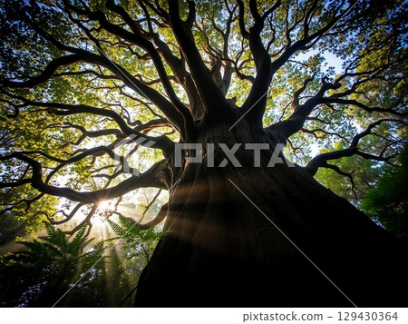 Majestic Ancient Redwood Tree in Golden Sunlight Forest 129430364