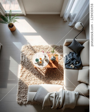 Cozy Living Room: Natural Light, Soft Textures, and Minimalist Design 129430438