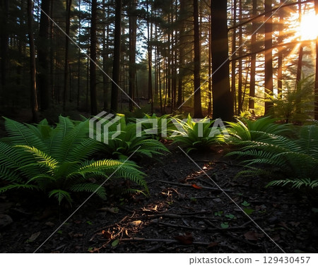 Forest floor ferns bathed in sunlight with tall tree silhouettes 129430457