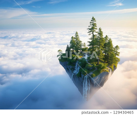Floating Island in Clouds: A Serene Fantasy Landscape with Waterfalls Floating Island in Clouds: A Serene Fantasy Landscape with Waterfalls 129430465