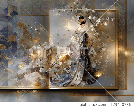 來自日本藝術的優雅女性形象，以櫻花和金箔裝飾。 129430776