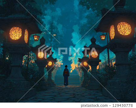黃昏時分，一位身著浴衣的美女沿著被石燈籠照亮的神社參道漫步 129430778