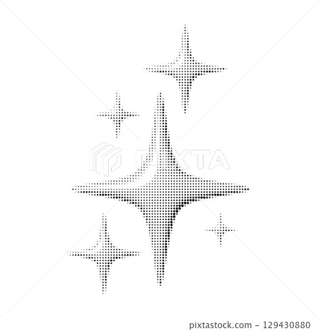 Vector halftone star illustration with glowing sparkles on white background. Retro dotted style perfect for decoration, print, and festive design. Isolated black and white graphic. 129430880