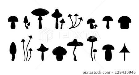 Mushroom icon set. Poisonous and edible mushrooms black silhouette. Vector isolated on background. 129430946