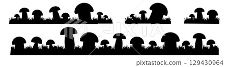 Mushrooms with grass horizontal illustration. Mushrooms black silhouette. Vector EPS 10 Mushrooms with grass horizontal illustration. Mushrooms black silhouette. Vector EPS 10 129430964