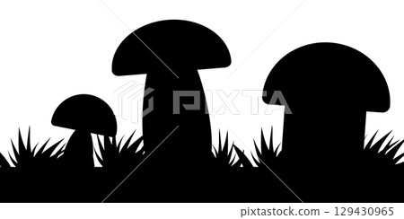 Mushrooms with grass horizontal illustration. Mushrooms black silhouette. Vector EPS 10 Mushrooms with grass horizontal illustration. Mushrooms black silhouette. Vector EPS 10 129430965