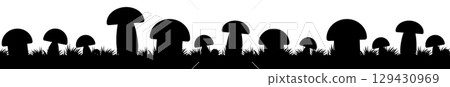 Mushrooms with grass horizontal illustration. Mushrooms black silhouette. Vector EPS 10 Mushrooms with grass horizontal illustration. Mushrooms black silhouette. Vector EPS 10 129430969