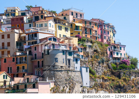 Multicolor houses building on cliff edge. Manarola Italian village Cinque Terre, Liguria, Italy. Summer Multicolor houses building on cliff edge. Manarola Italian village Cinque Terre, Liguria, Italy. Summer 129431106