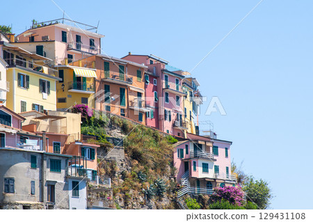 Multicolored houses building on cliff edge. Manarola Italian village Cinque Terre, Liguria, Italy. Summer background copy space Multicolored houses building on cliff edge. Manarola Italian village Cinque Terre, Liguria, Italy. Summer background copy space 129431108