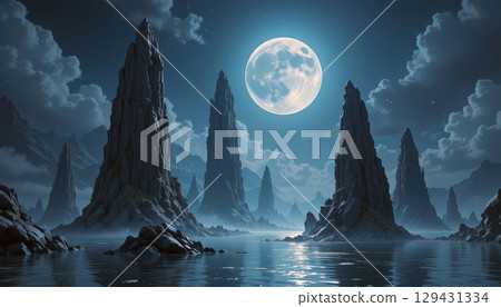 Serene Moonlit Landscape with Tall Rock Formations Under a Crisp Night Sky. 129431334