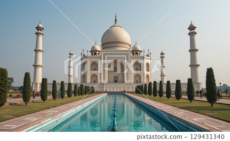 Iconic Taj Mahal with Reflection in a Scenic Garden Setting. 129431340