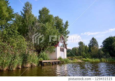 Serene Riverbank Scene with Lush Greenery 129431515