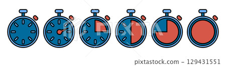 Timer icons. Countdown timer symbol. Timer. Stopwatch. Modern icon set in a flat design. Vector illustration isolated on white background. 129431551