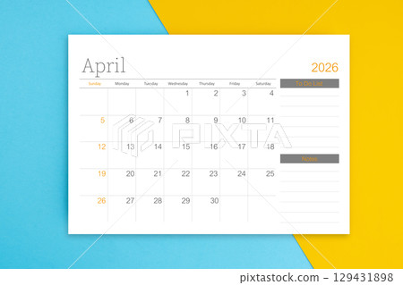 April 2026 calendar pagewith to do list on blue background. 129431898