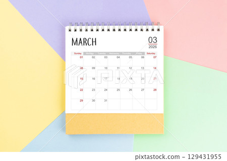 March 2026 month desk calendar for 2026 year on colorful background. 129431955