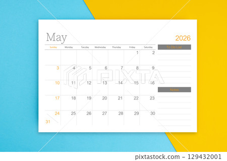 May 2026 calendar pagewith to do list on blue background. May 2026 calendar pagewith to do list on blue background. 129432001
