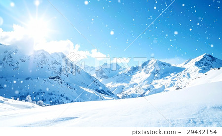 Gentle winter snowy mountains and dancing snowflakes background 129432154