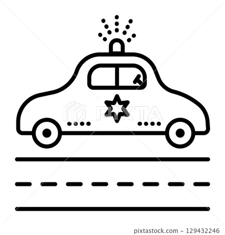 Police car black line vector icon, sign of road and patrol vehicle with siren 129432246