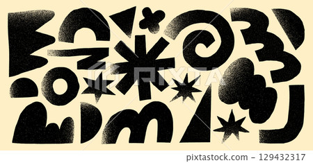 Retro grain textured abstract geometric shapes set (monochrome) 129432317