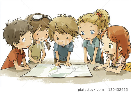 Children checking a disaster prevention map at an elementary school 129432433