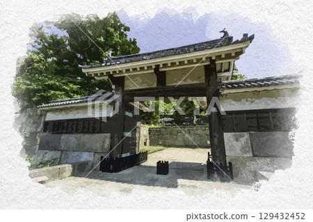 Watercolor style Marugame Castle Otemon Gate Marugame City, Kagawa Prefecture Watercolor style Marugame Castle Otemon Gate Marugame City, Kagawa Prefecture 129432452