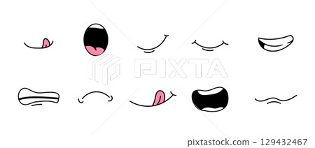Cartoon mouth. Sad, happy, smiling mouth expression. Vector illustration isolated on white background 129432467