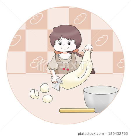 Girl dividing bread dough 129432763