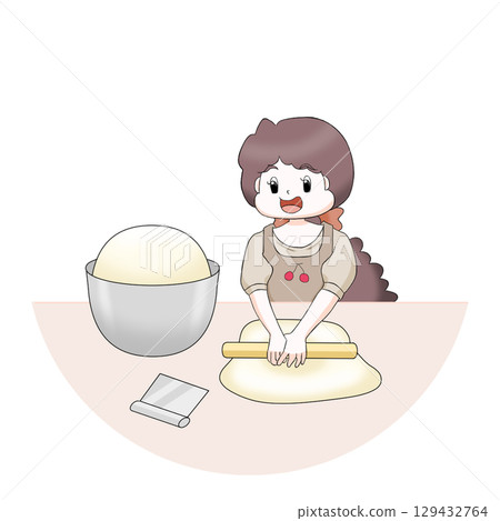 Girl stretching bread dough White background 129432764