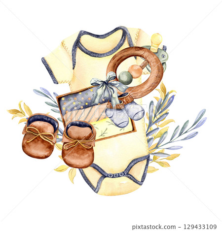 Baby bodysuit with pacifier, wooden teether, booties and leafy branches watercolor illustration Baby bodysuit with pacifier, wooden teether, booties and leafy branches watercolor illustration 129433109