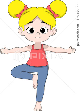 Cartoon Girl Doing Yoga Tree Pose 129433168