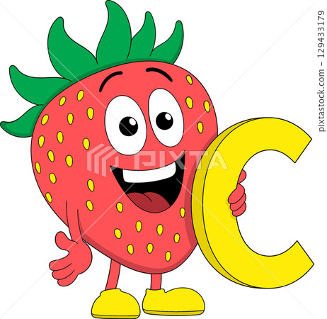 Cute Strawberry Cartoon Character Holding Vitamin C Letter 129433179