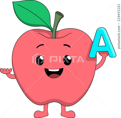 Smiling Apple Cartoon Character Holding Vitamin A Letter 129433181