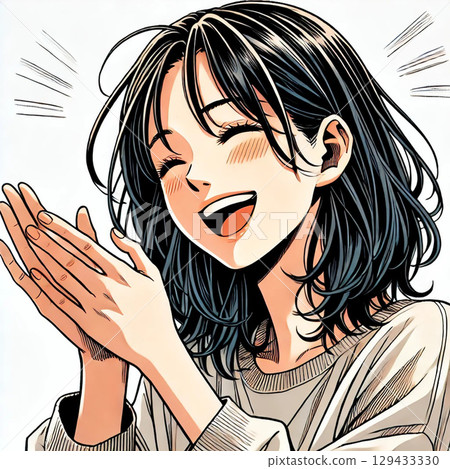 漫畫風格的黑髮白皮膚日本女人笑著拍手 129433330