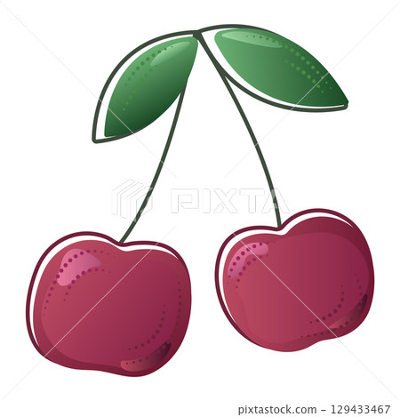 Two juicy cherries, ripe burgundy berries with two stems and leaves, vector gradient illustration 129433467