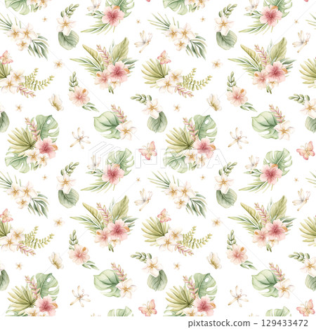 Tropical Hibiscus Plumeria Heliconia Flowers Exotic green plants Watercolor hand painted summer seamless pattern on white background for cute nursery wall kids baby cloth textile fabric wrapping paper Tropical Hibiscus Plumeria Heliconia Flowers Exotic green plants Watercolor hand painted summer seamless pattern on white background for cute nursery wall kids baby cloth textile fabric wrapping paper 129433472